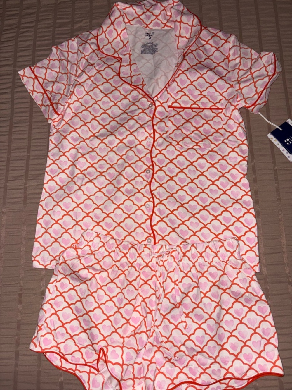 Roller Rabbit Pink and Coral Heart-Print Short Pajama Set